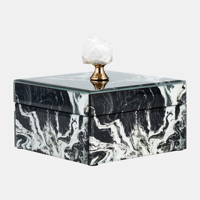 GLASS, 6x5" JEWELRY BOX QUARTZ TOP, BLACK