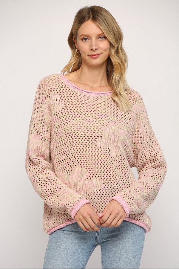 FLORAL PATTERN OPEN KNITTED SWEATER
