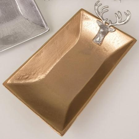 India Handicrafts Gold Glided Aluminum Tray with Deer Head Attached 16167