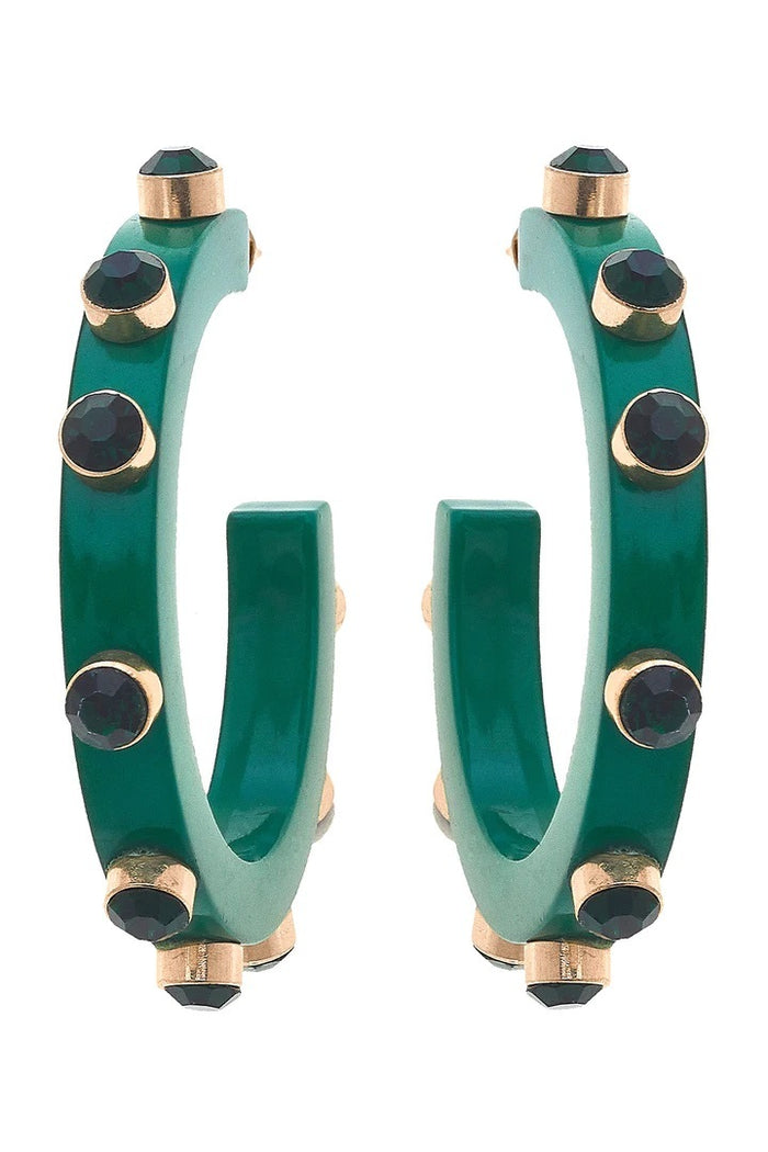 Renee Resin and Rhinestone Hoop Earrings in Green