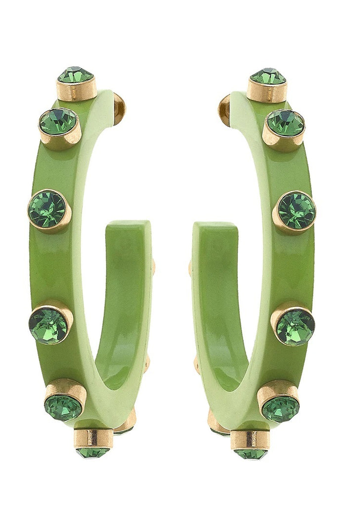 Renee Resin and Rhinestone Hoop Earrings in Lime Green
