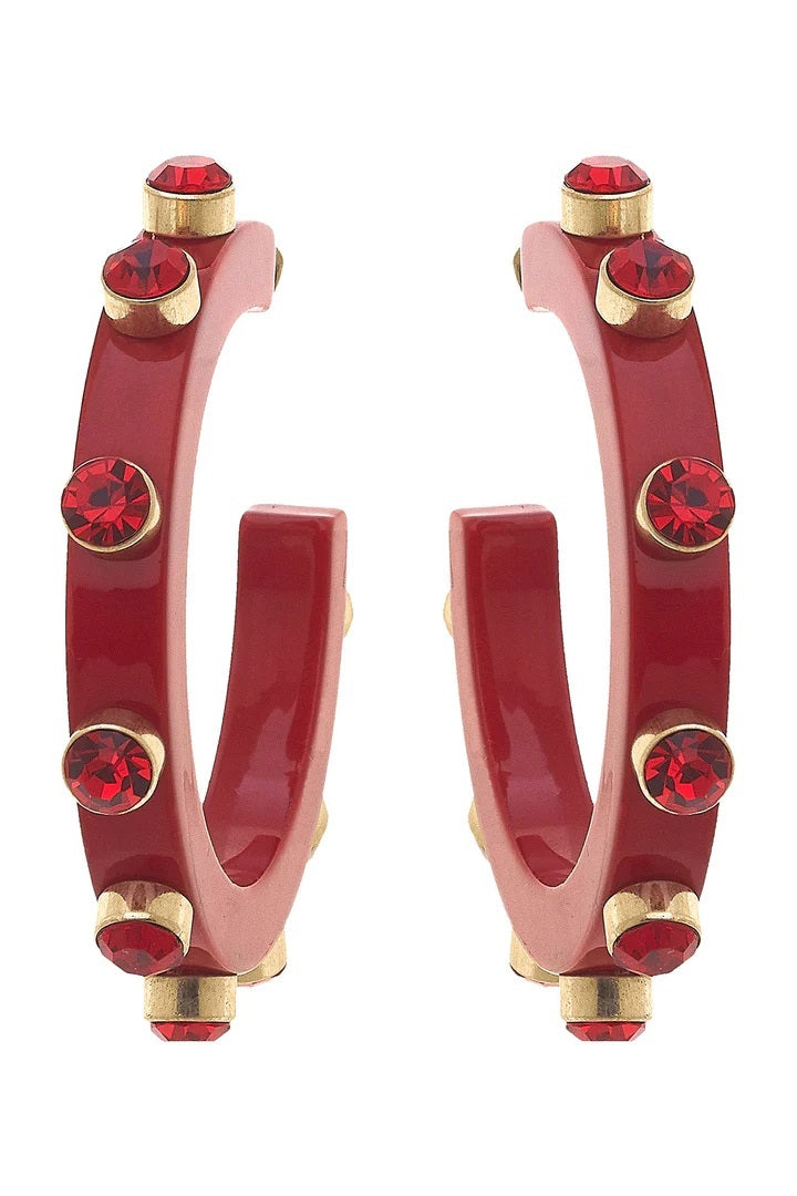 Renee Resin and Rhinestone Hoop Earrings in Red