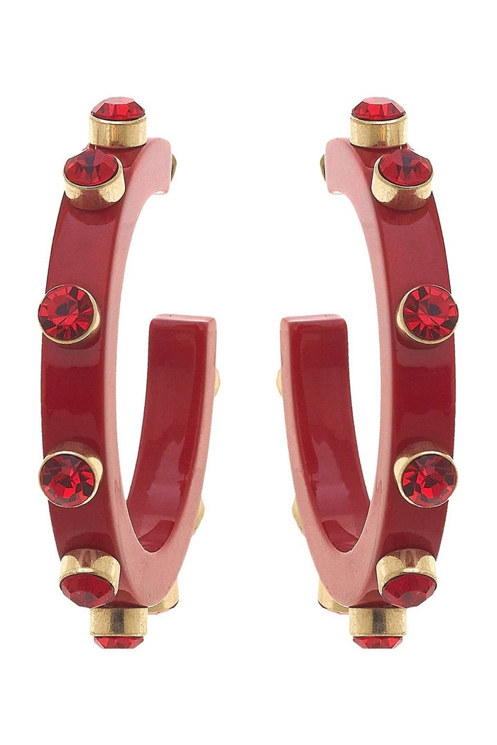 Renee Resin and Rhinestone Hoop Earrings in Red