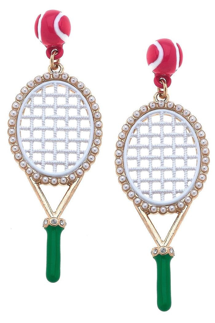 Teddy Enamel Tennis Racket Earrings in Green & Pink