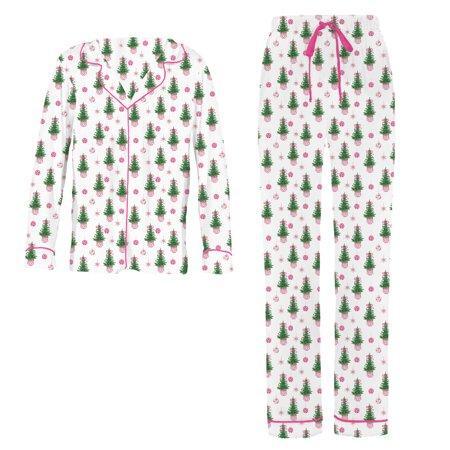 Mary Square Fancy and Festive Christmas Tree Green and Pink Rayon Holiday Pajama Pant Set