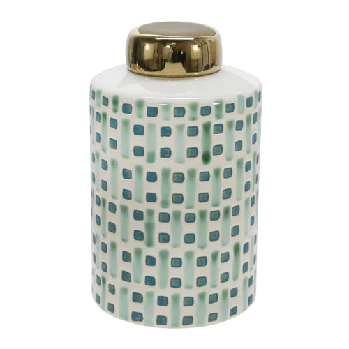 CERAMIC 9"JAR WITH GOLD LID,GREEN/WHITE