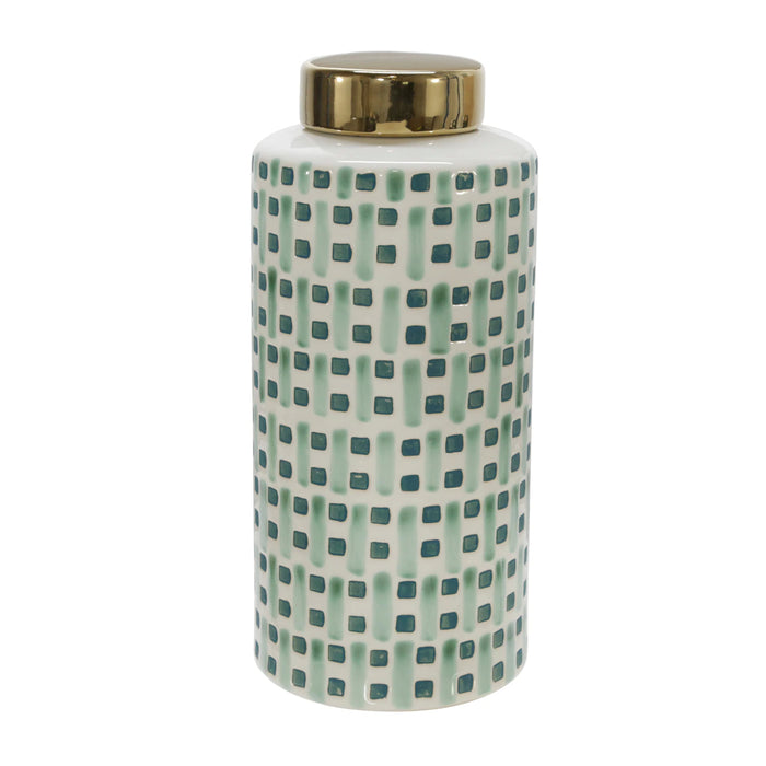 CERAMIC 13"JAR WITH GOLD LID,GREEN/WHITE