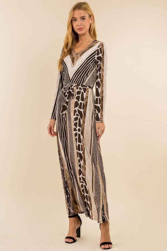 Animal Stripe V-Neck Belted Maxi Dress