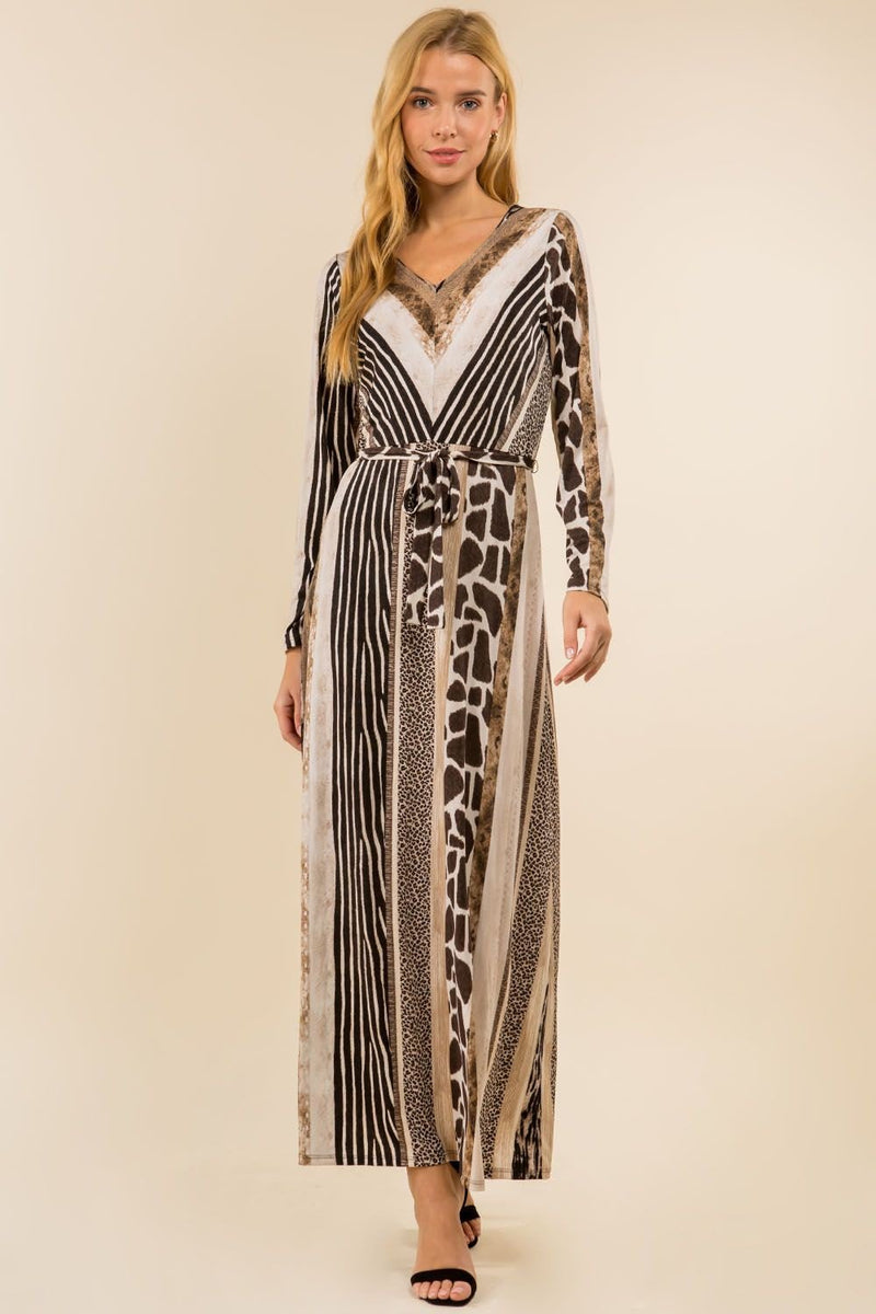 Animal Stripe V-Neck Belted Maxi Dress