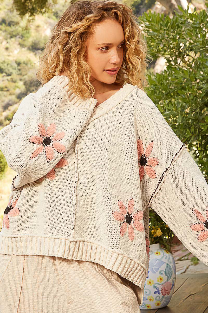 V-neck Long Sleeve Berber Flower Print, Pullover Sweater