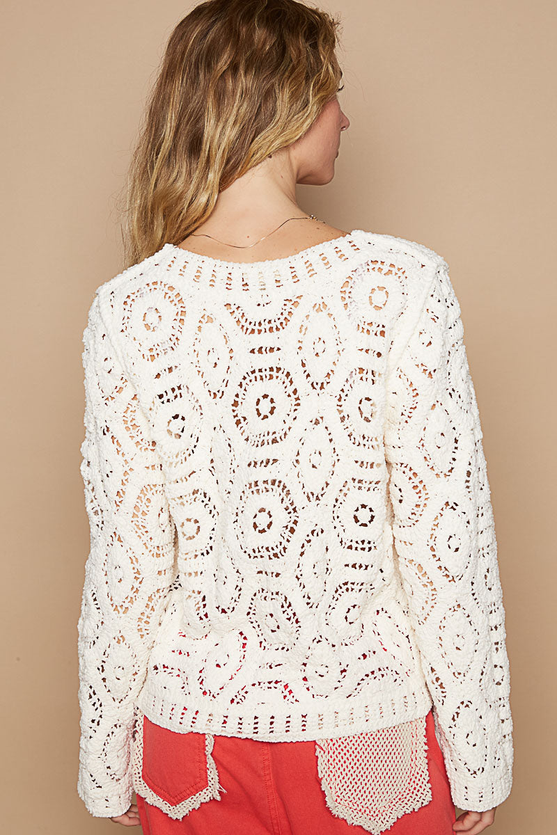 Round Neck Long Sleeve Sweater in Knit Crochet