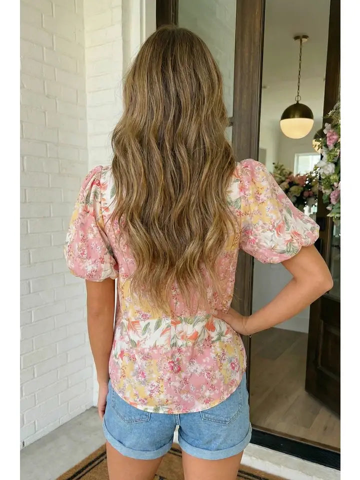 Las Contrast Collared V Neck Floral Blouse