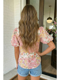 Las Contrast Collared V Neck Floral Blouse