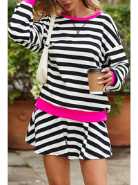 Stripe Contrast Ribbed Banding Blouse Loose Shorts Set