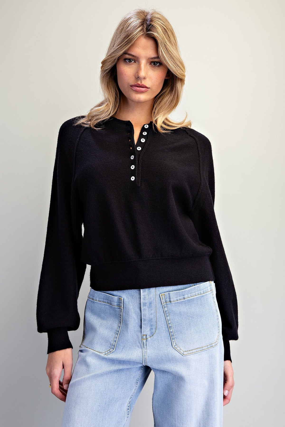 Raglan Henley Half Button Knit Sweater