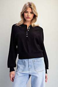 Raglan Henley Half Button Knit Sweater