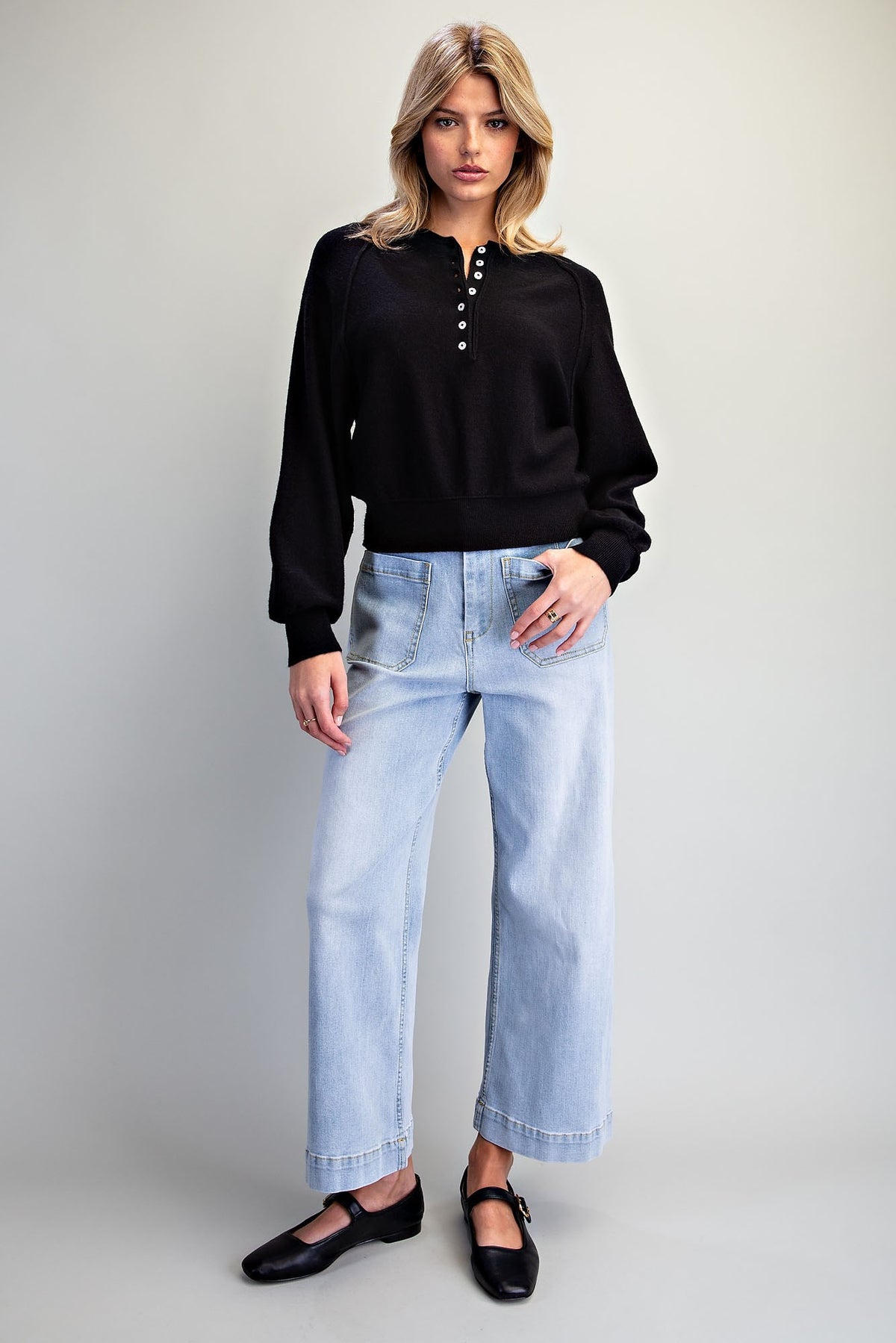 Raglan Henley Half Button Knit Sweater