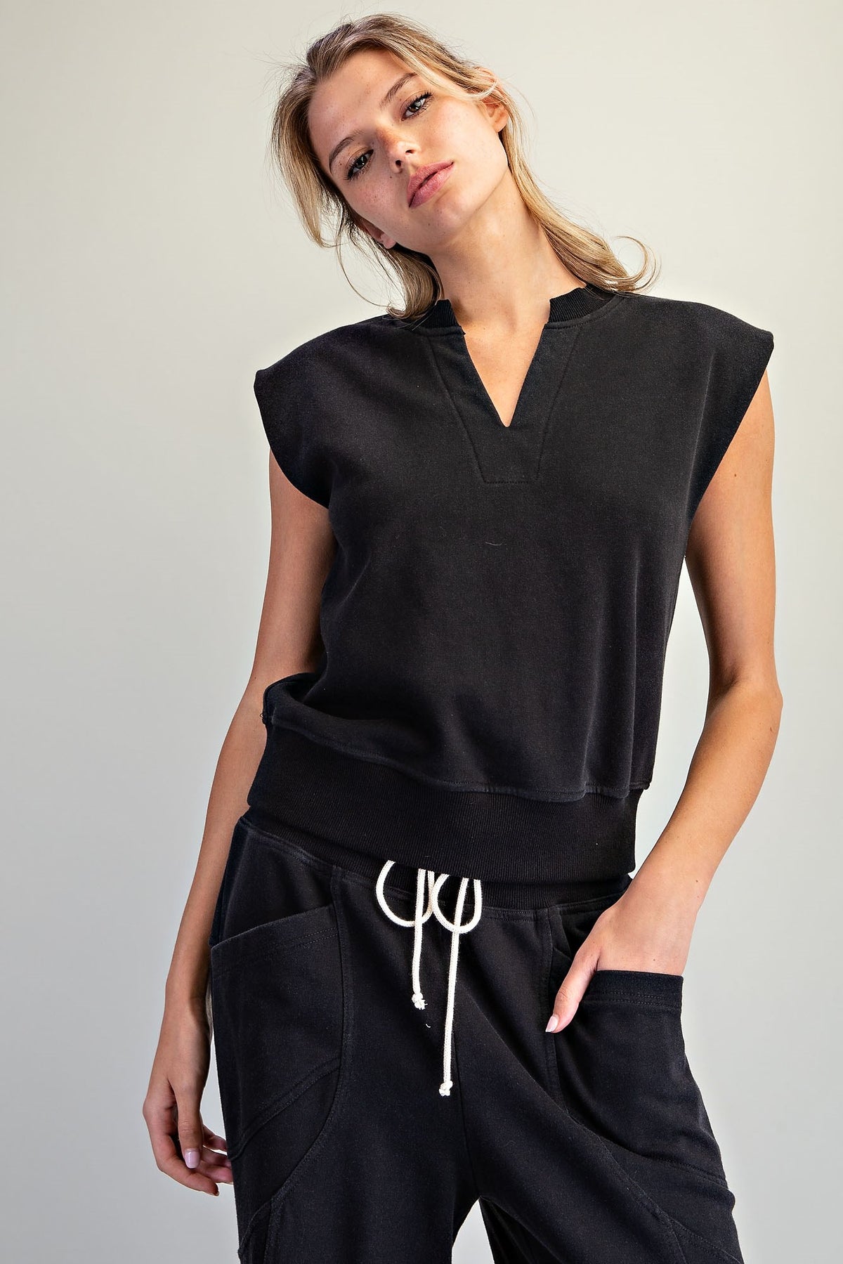 Notched Neck Cap Sleeve Top