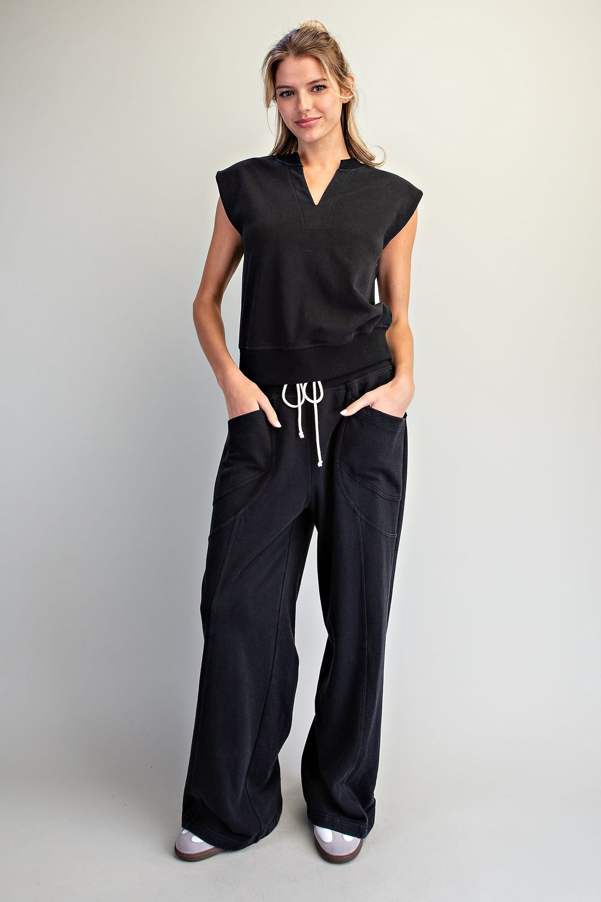 Notched Neck Cap Sleeve Top
