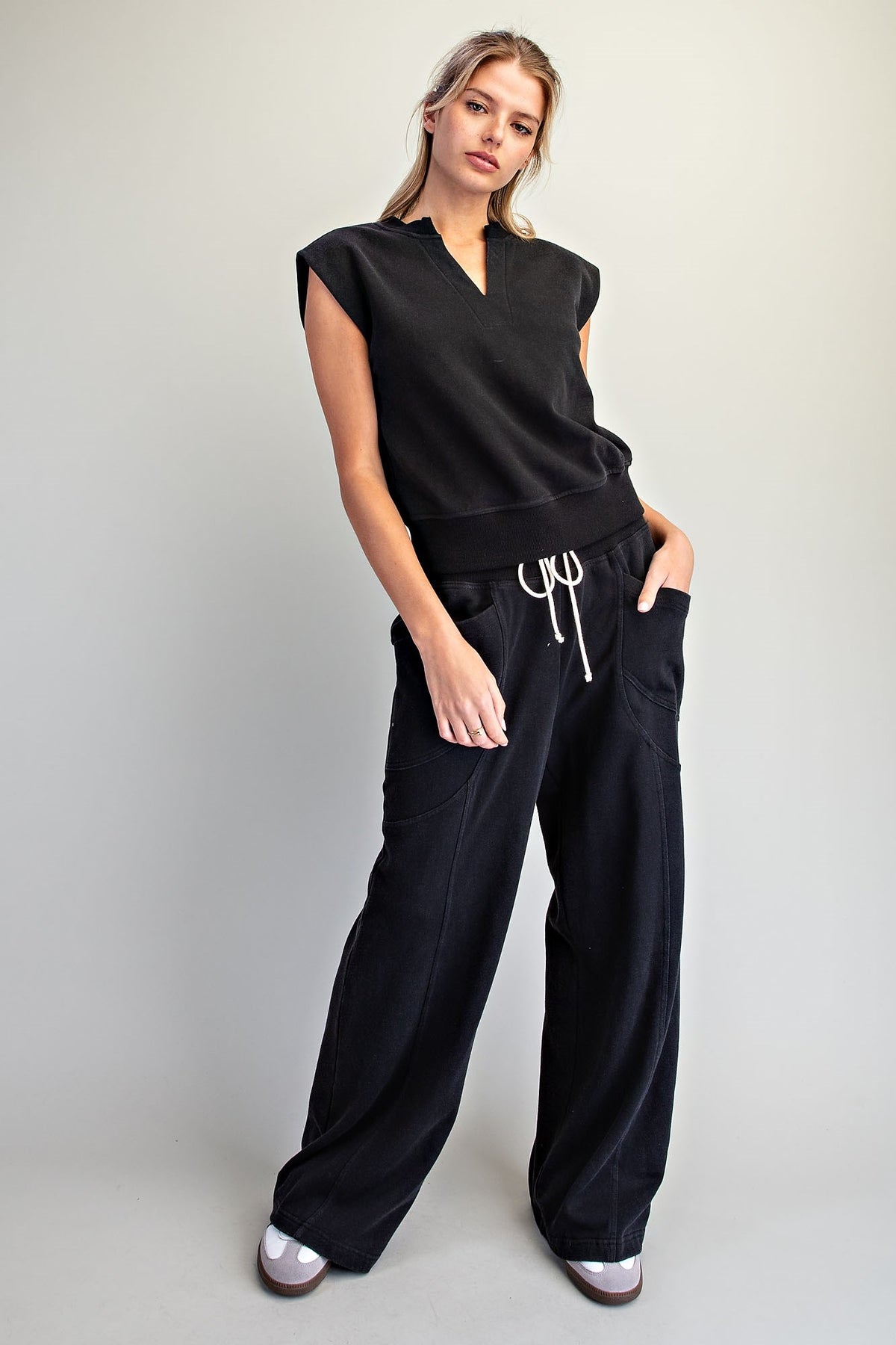 Notched Neck Cap Sleeve Top