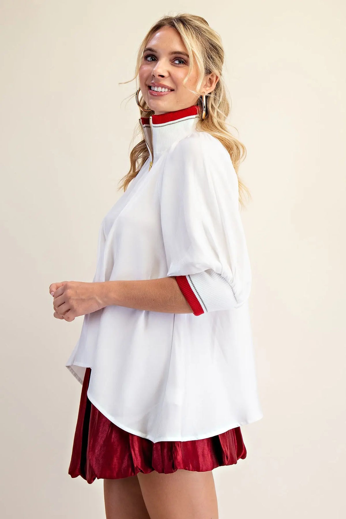 Mock Neck Band Puff Sleeve