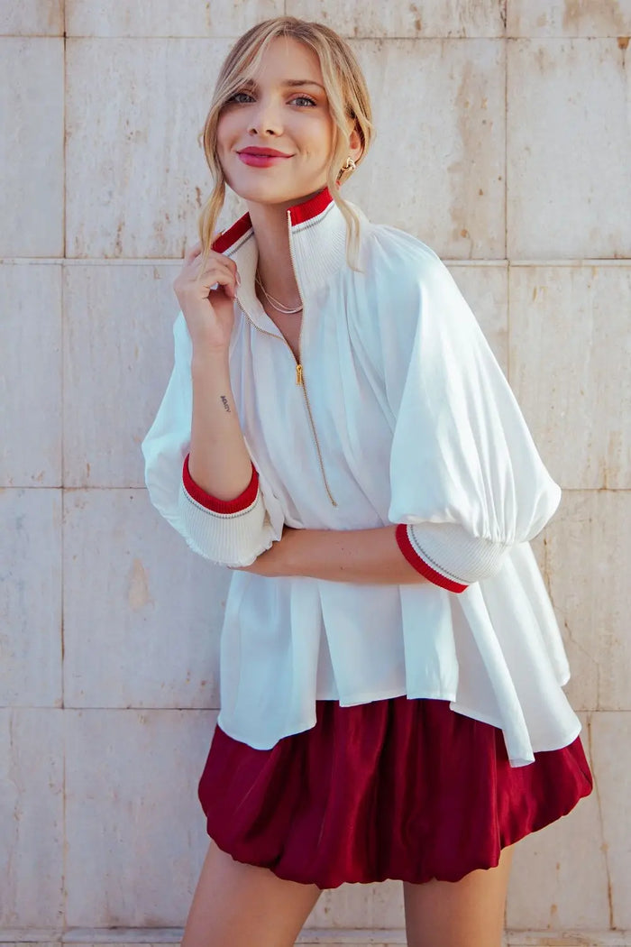 Mock Neck Band Puff Sleeve
