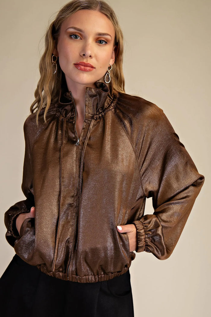 Metallic Cropped Full Zip Pullover