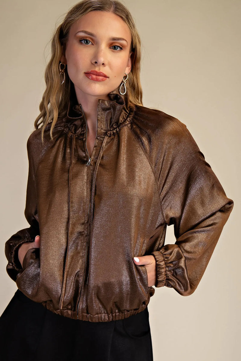 Metallic Cropped Full Zip Pullover