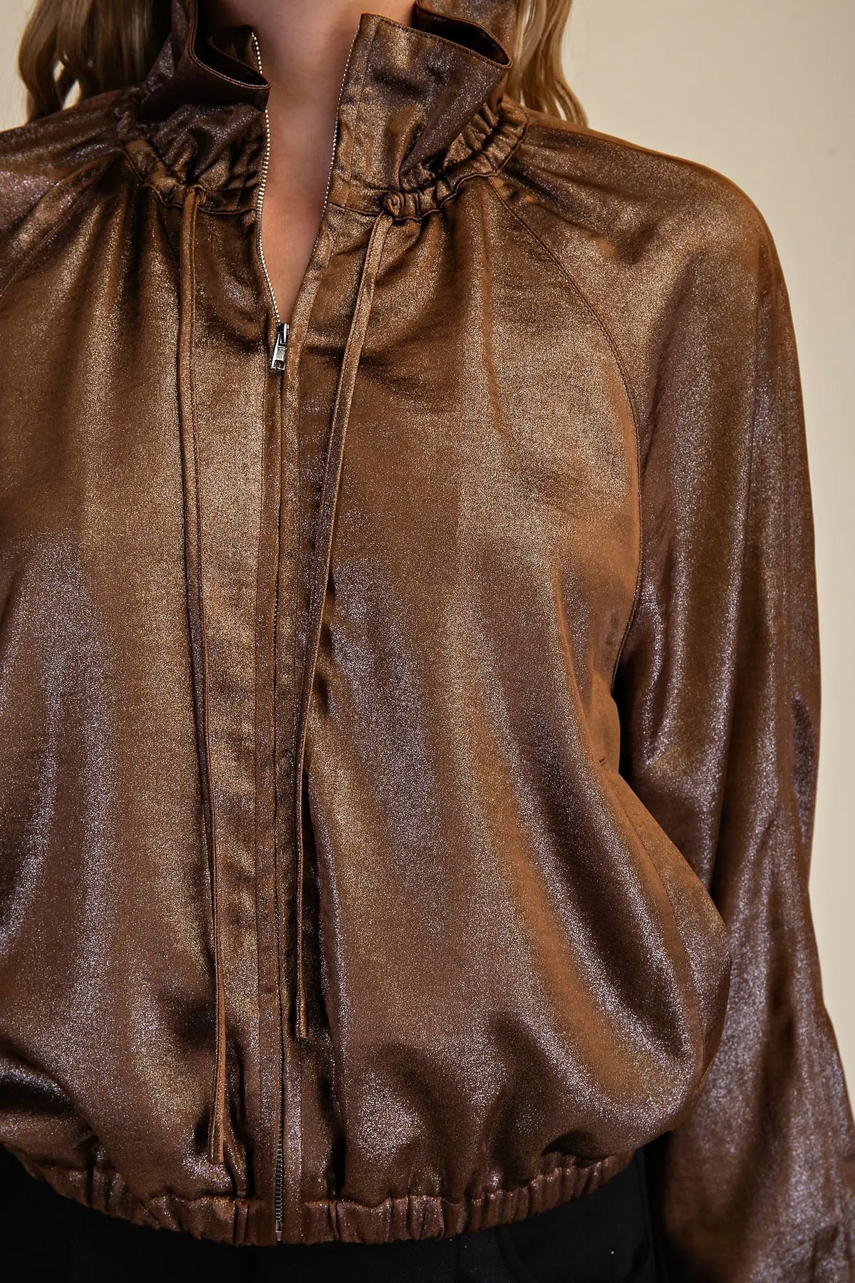 Metallic Cropped Full Zip Pullover