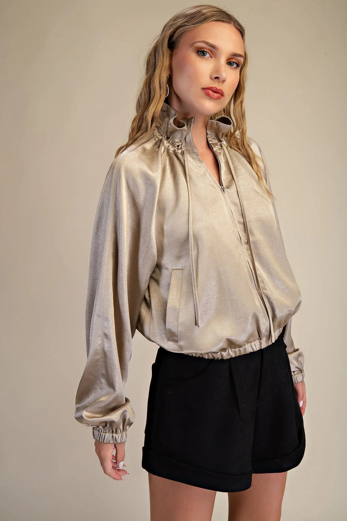 Metallic Cropped Full Zip Pullover
