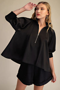 Mock Neck Band Puff Sleeve Blouse