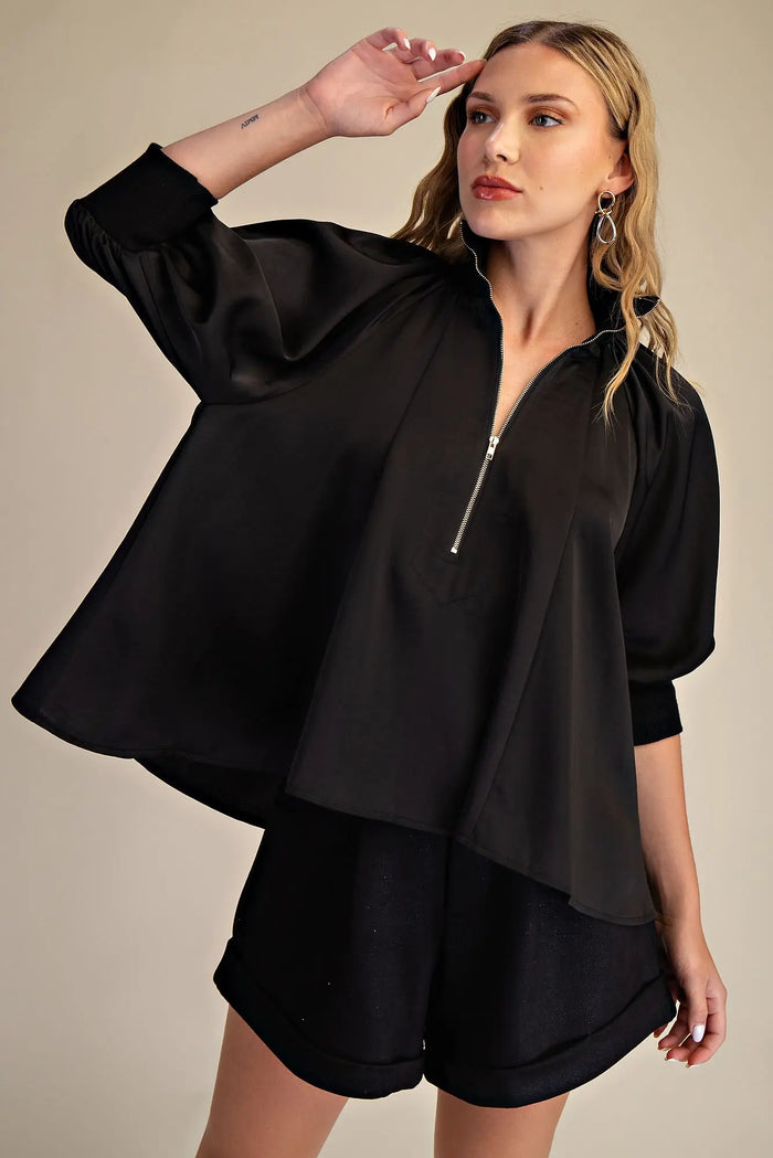Mock Neck Band Puff Sleeve Blouse