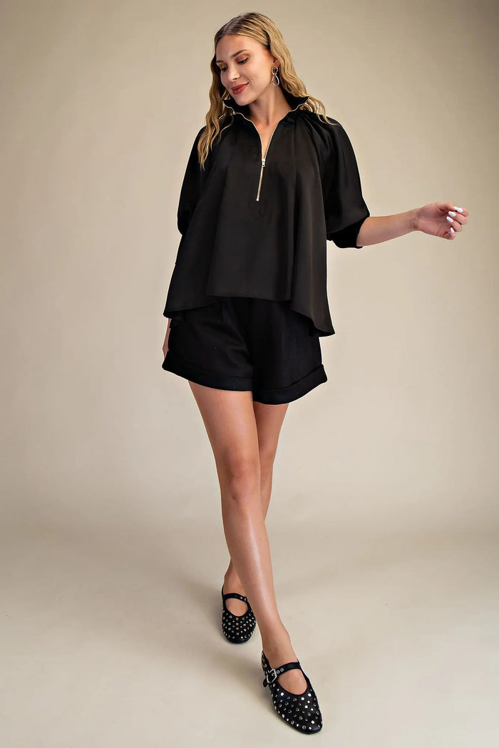 Mock Neck Band Puff Sleeve Blouse