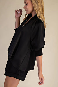 Mock Neck Band Puff Sleeve Blouse