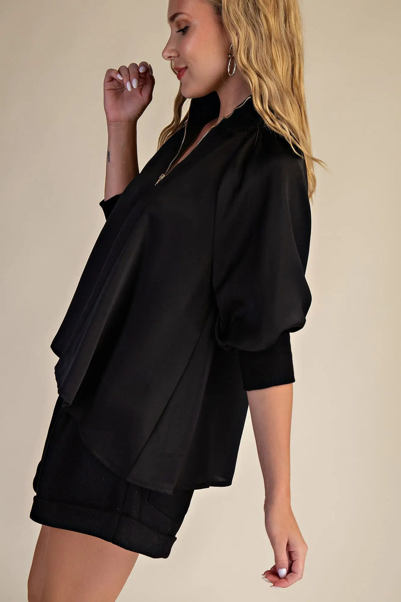 Mock Neck Band Puff Sleeve Blouse