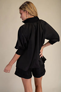 Mock Neck Band Puff Sleeve Blouse