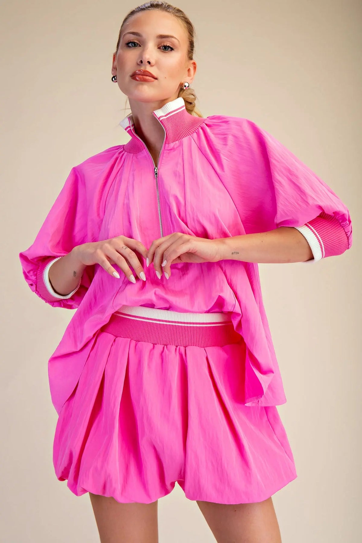 Mock Neck Band Puff Sleeve Blouse