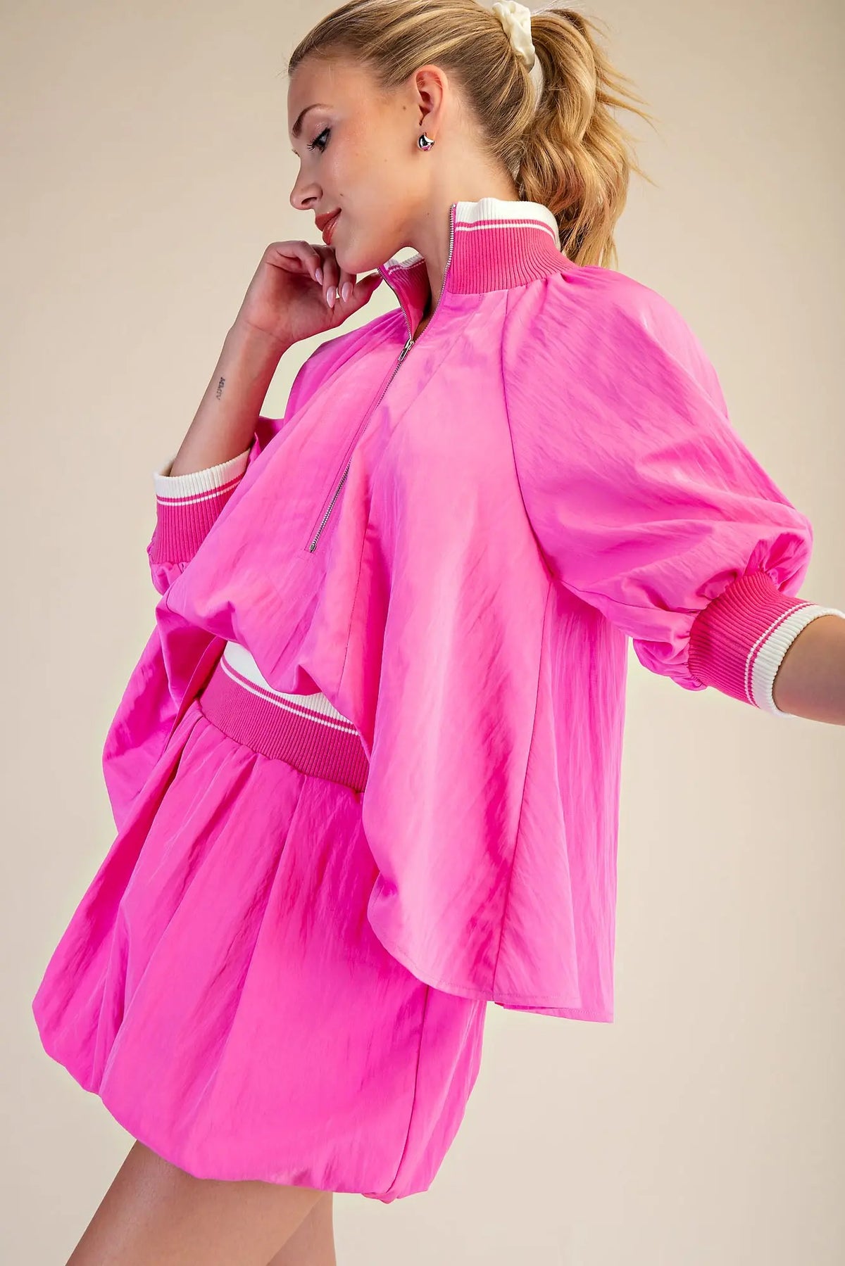 Mock Neck Band Puff Sleeve Blouse