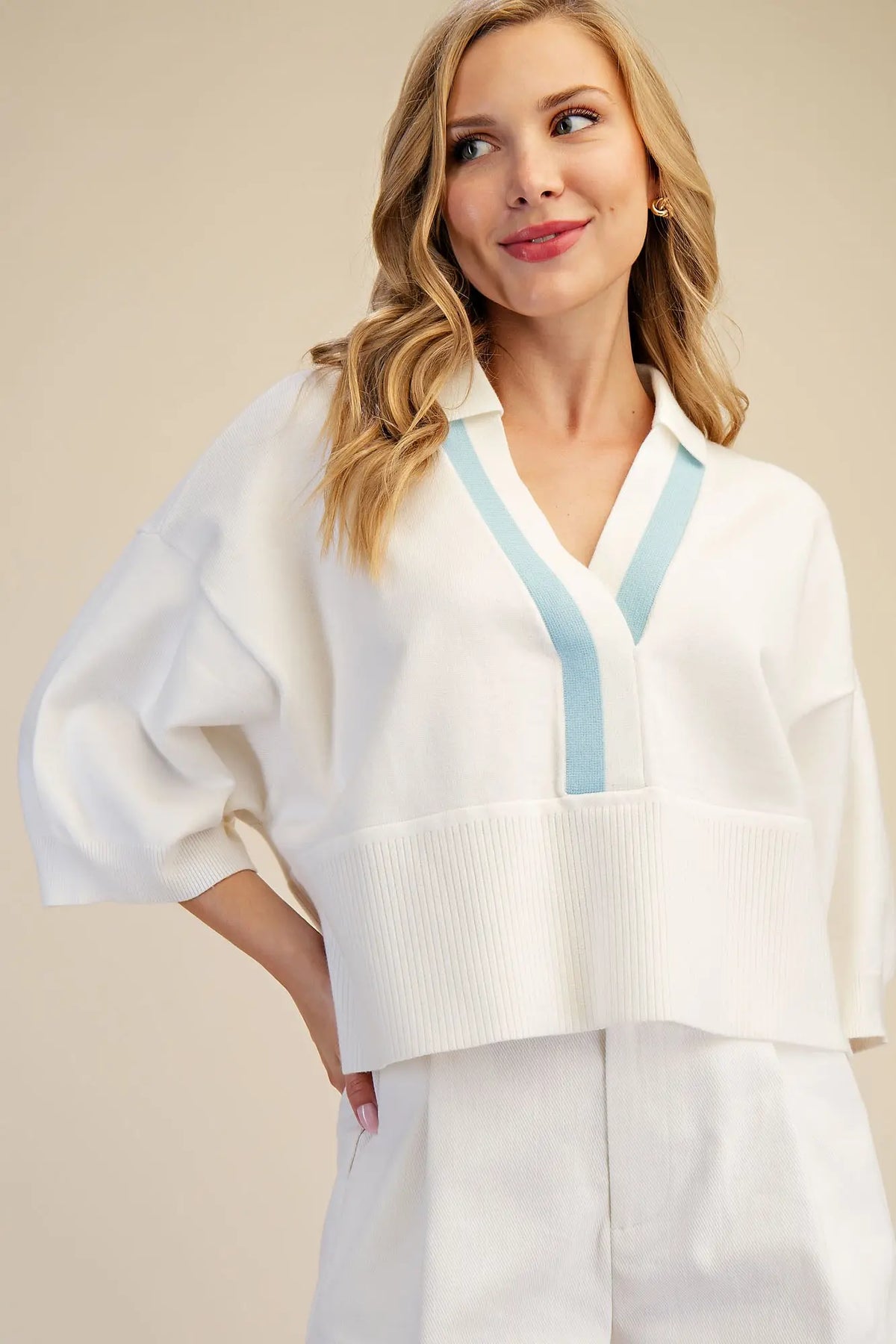 Collar With Contrast Trim Loose Fit Dropped Shoulder Sweater