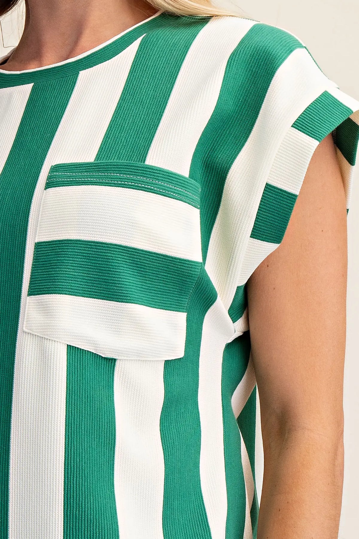 Round Neck Pocket Stripe Top