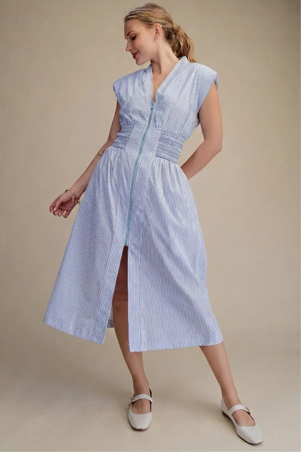 V-Neck Front Zip Waist Smocked Midi Dress