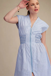 V-Neck Front Zip Waist Smocked Midi Dress