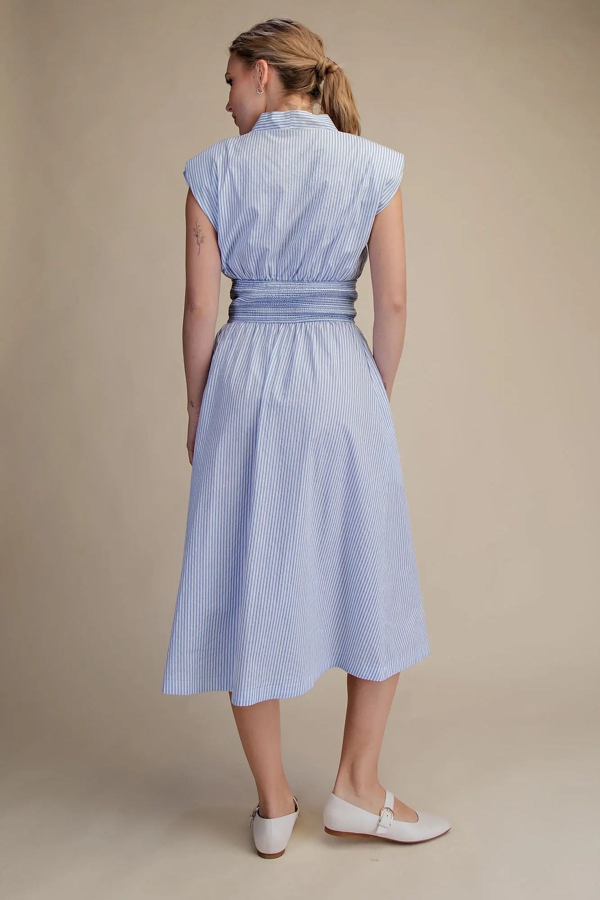 V-Neck Front Zip Waist Smocked Midi Dress