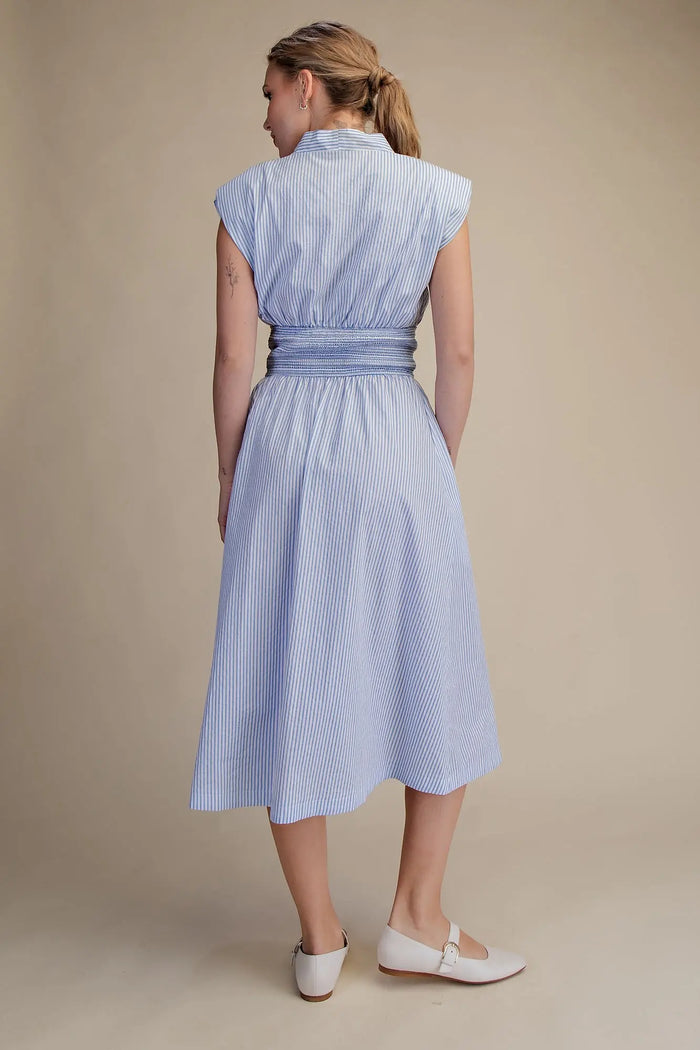 V-Neck Front Zip Waist Smocked Midi Dress