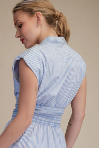 V-Neck Front Zip Waist Smocked Midi Dress