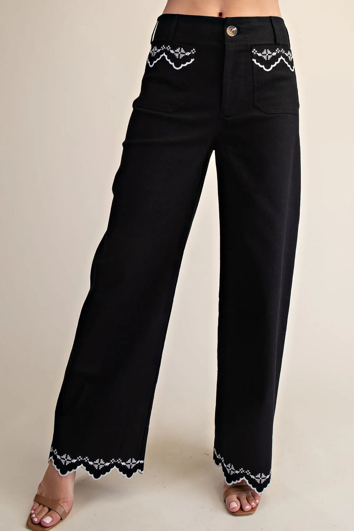 Embroidery Lace Trim Wide-Leg Pants