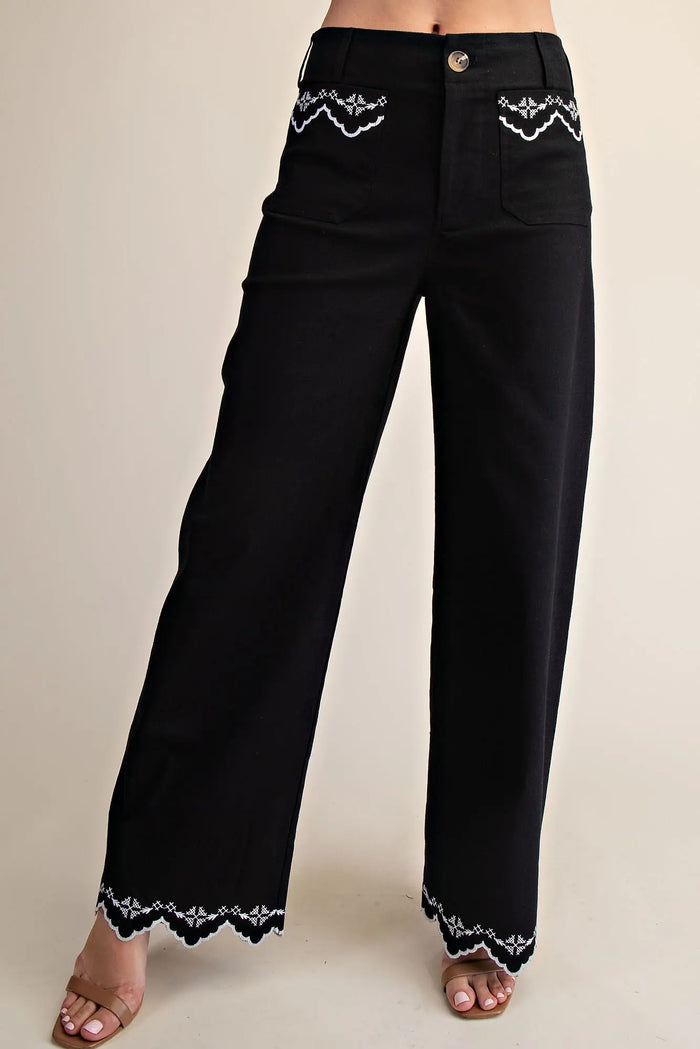 Embroidery Lace Trim Wide-Leg Pants