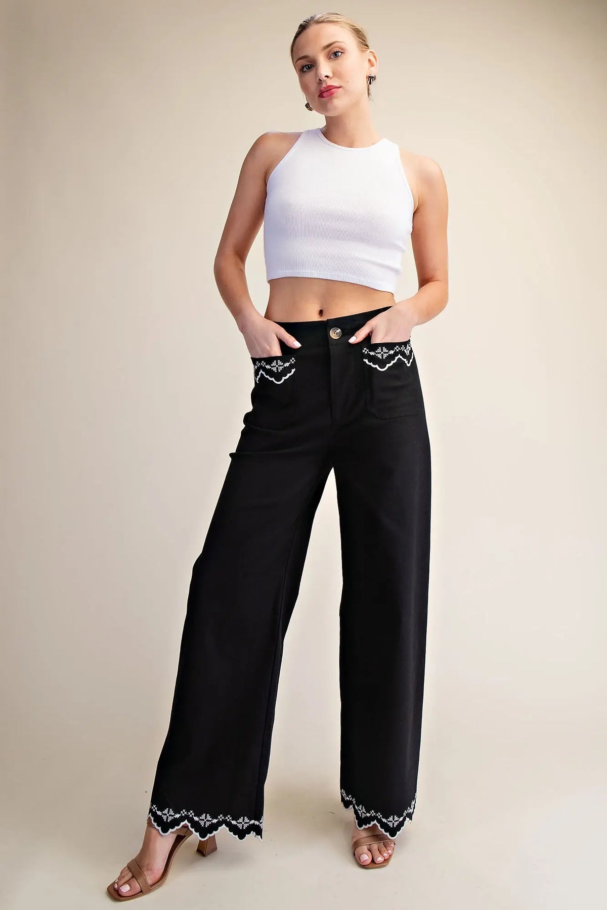 Embroidery Lace Trim Wide-Leg Pants