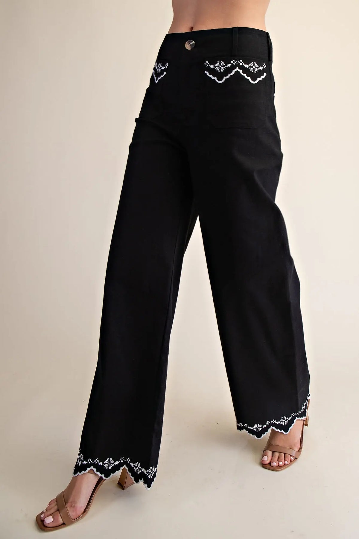 Embroidery Lace Trim Wide-Leg Pants
