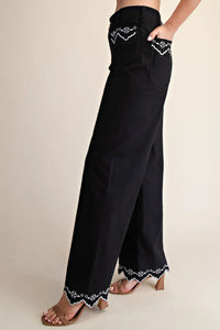 Embroidery Lace Trim Wide-Leg Pants